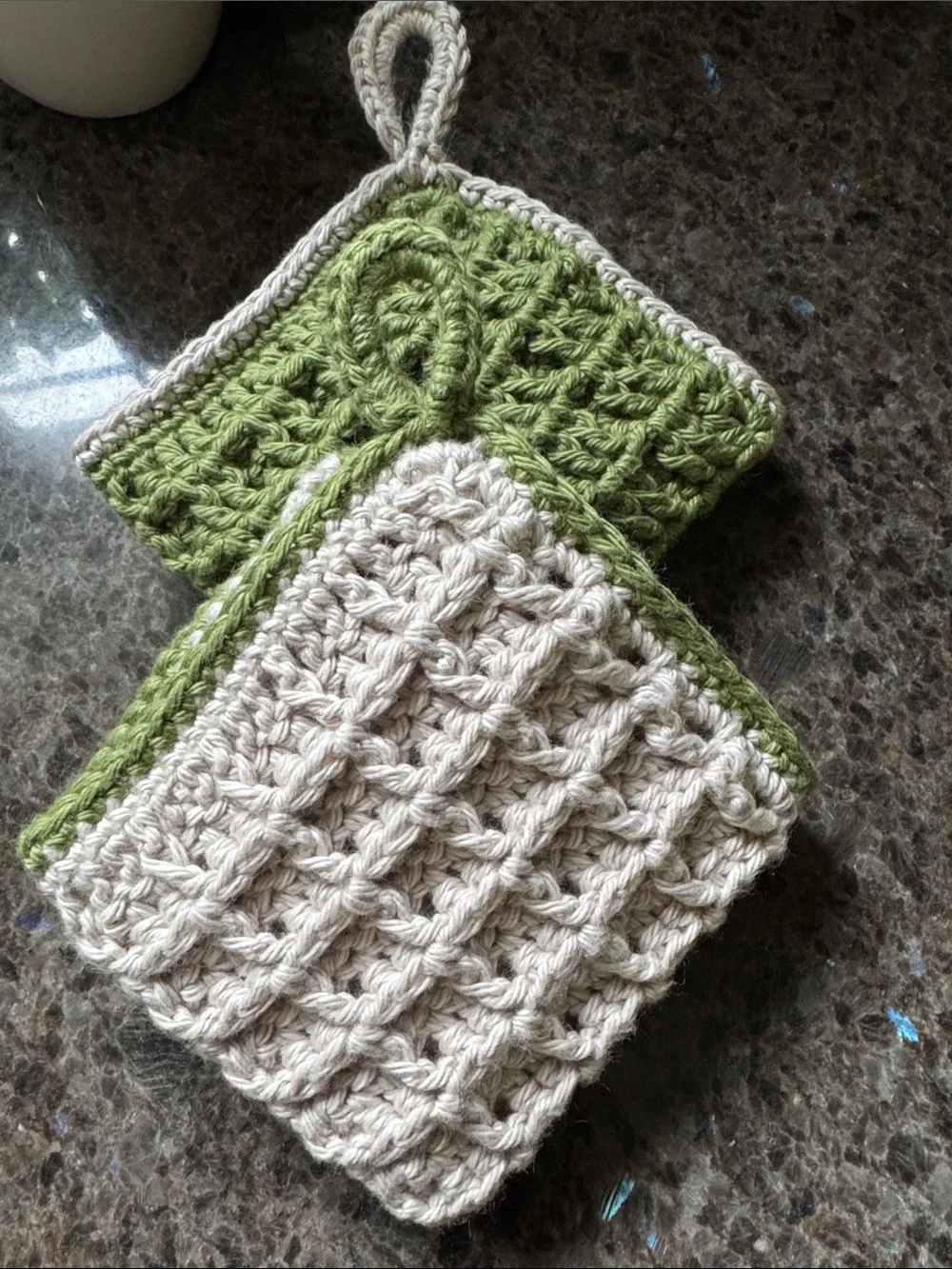 Handmade Crochet Dishcloth Set - Home Accents - Sage Green & Cream - 100% Cotton